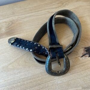 US MECO PARIS BELT VTG BLACK LEATHER METAL MESH BRONZE GROMMET STUDS WESTERN